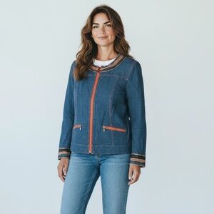 SPANNER Cotton Denim Full Zip Jacket Ribbon Trim Front Pockets Collarless Sz 16